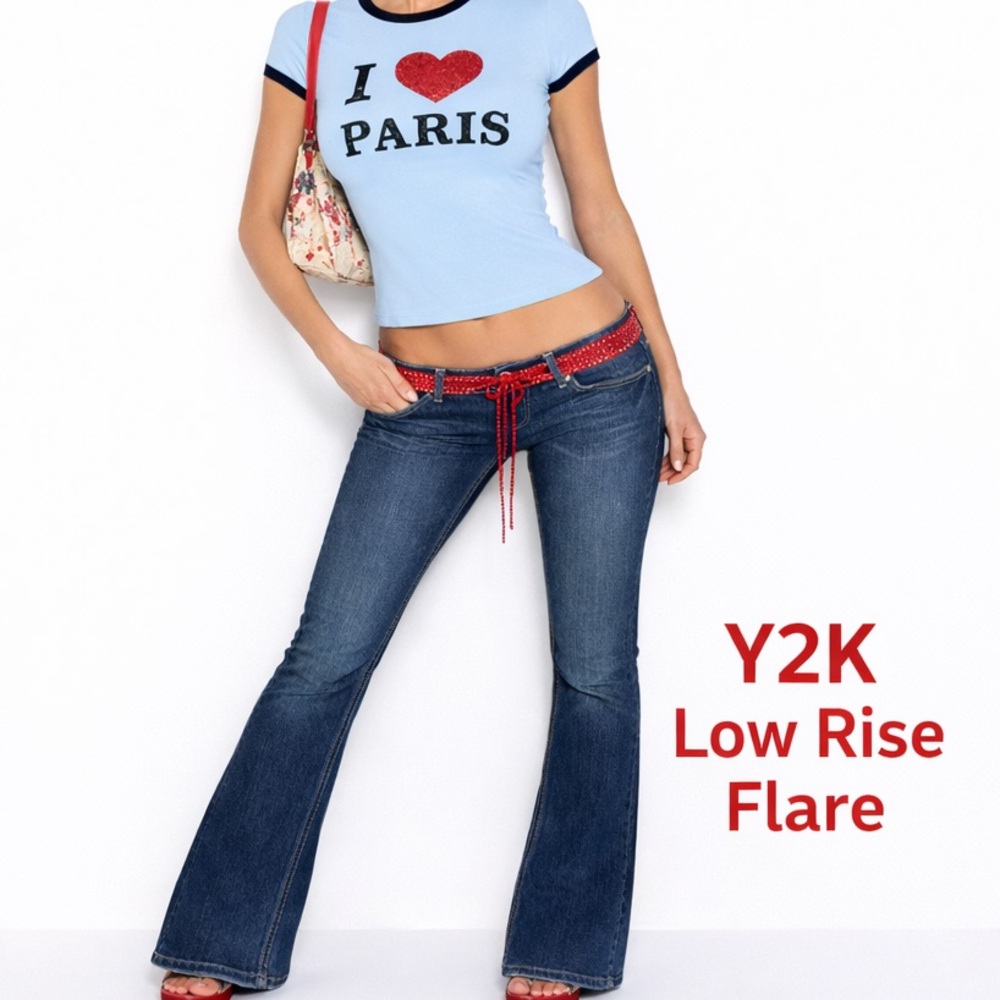 Rue21 Women's Dark Wash Flare Jeans‎ Low Rise Y2K Style Size 32x34 Stretch Denim